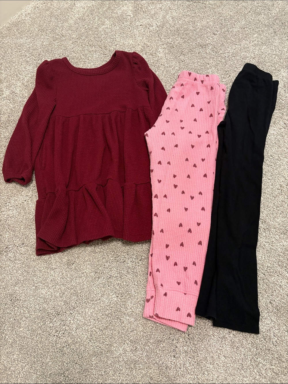 Cat & Jack girls burgundy dress/Black Leggings & Pink Heart Joggers lot 5T